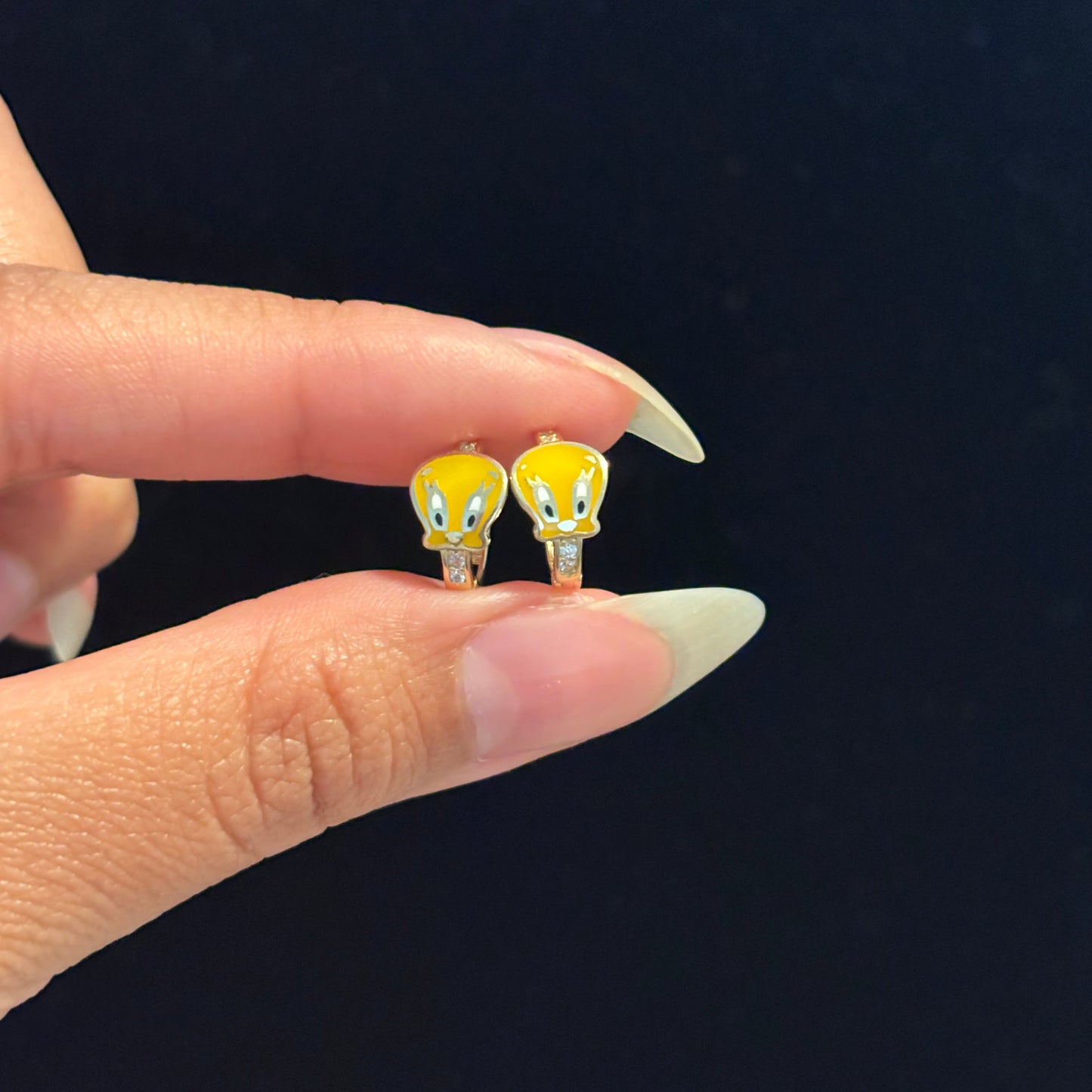 14K Gold Tweety Enamel Hoop Earrings
