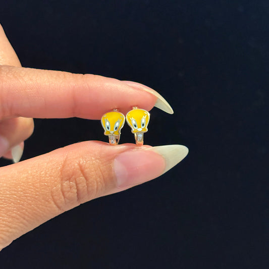 14K Gold Tweety Enamel Hoop Earrings