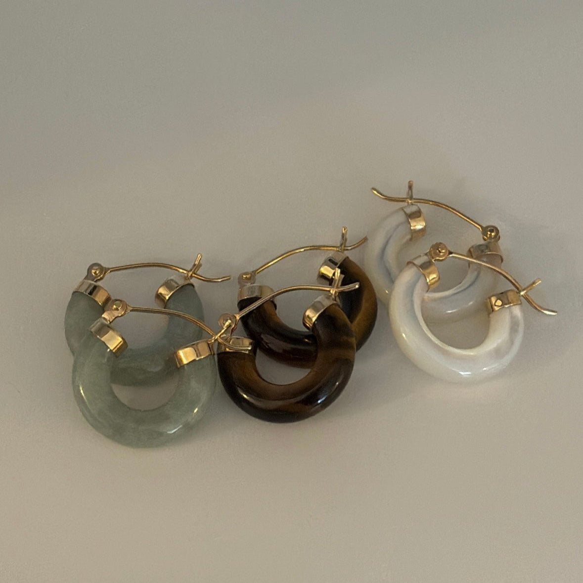 14K Gold Mini Gemstone Hoop Earrings — Jade, Tiger’s Eye, or Mother of Pearl