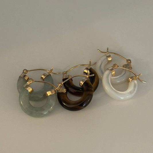 14K Gold Mini Gemstone Hoop Earrings — Jade, Tiger’s Eye, or Mother of Pearl