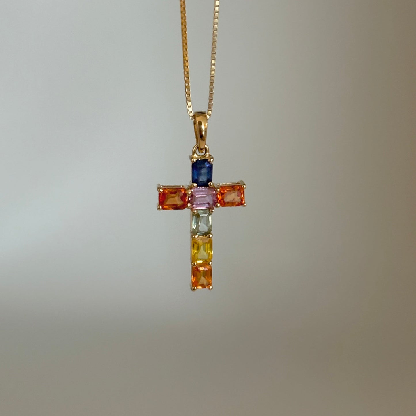 14K Gold Rainbow Sapphire Cross Pendant