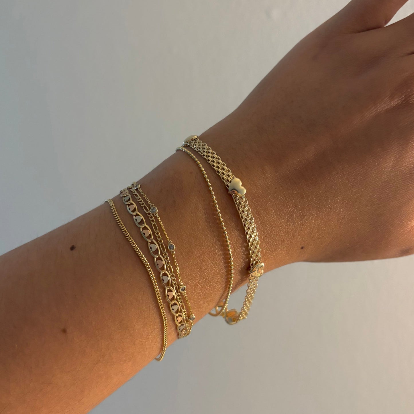 14K Yellow Gold Triple Bismarck Link Bracelet with Heart Stations