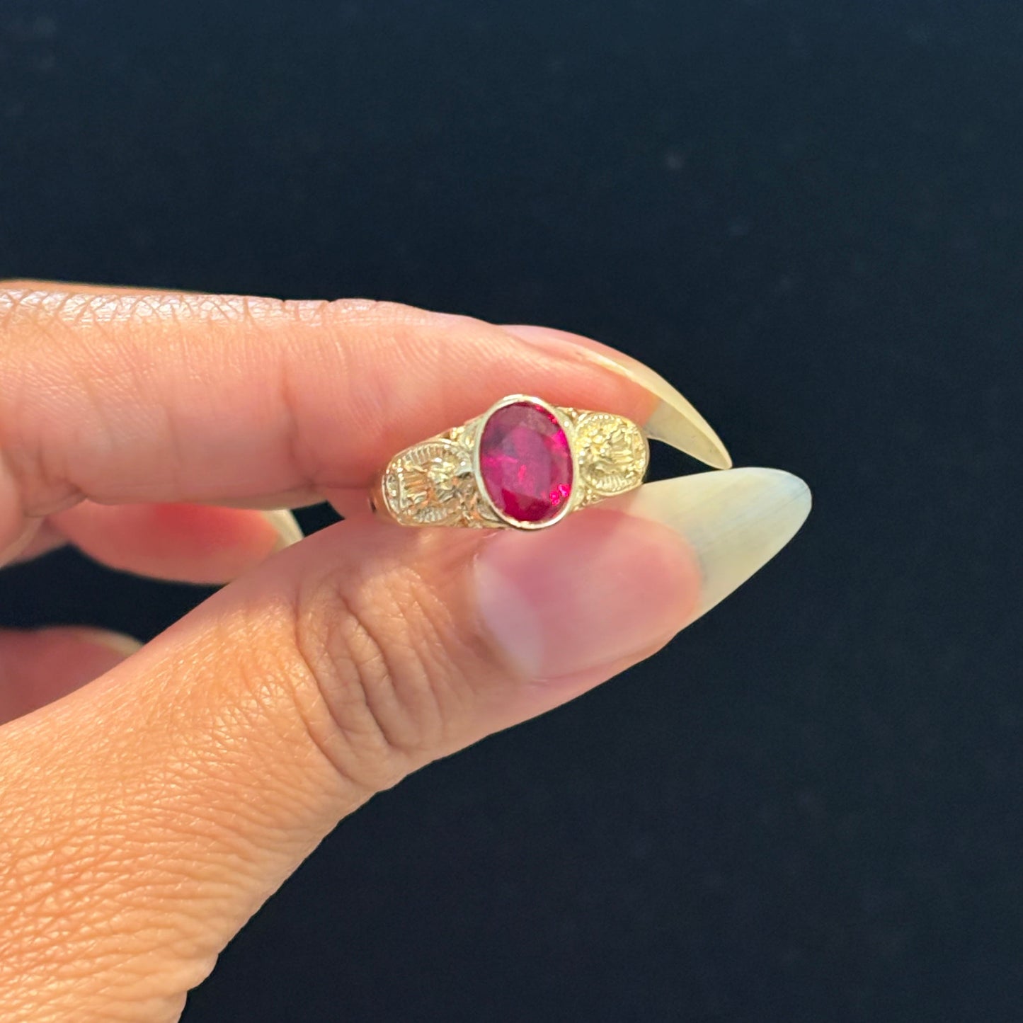 14k gold Virgencita ring with red CZ center stone