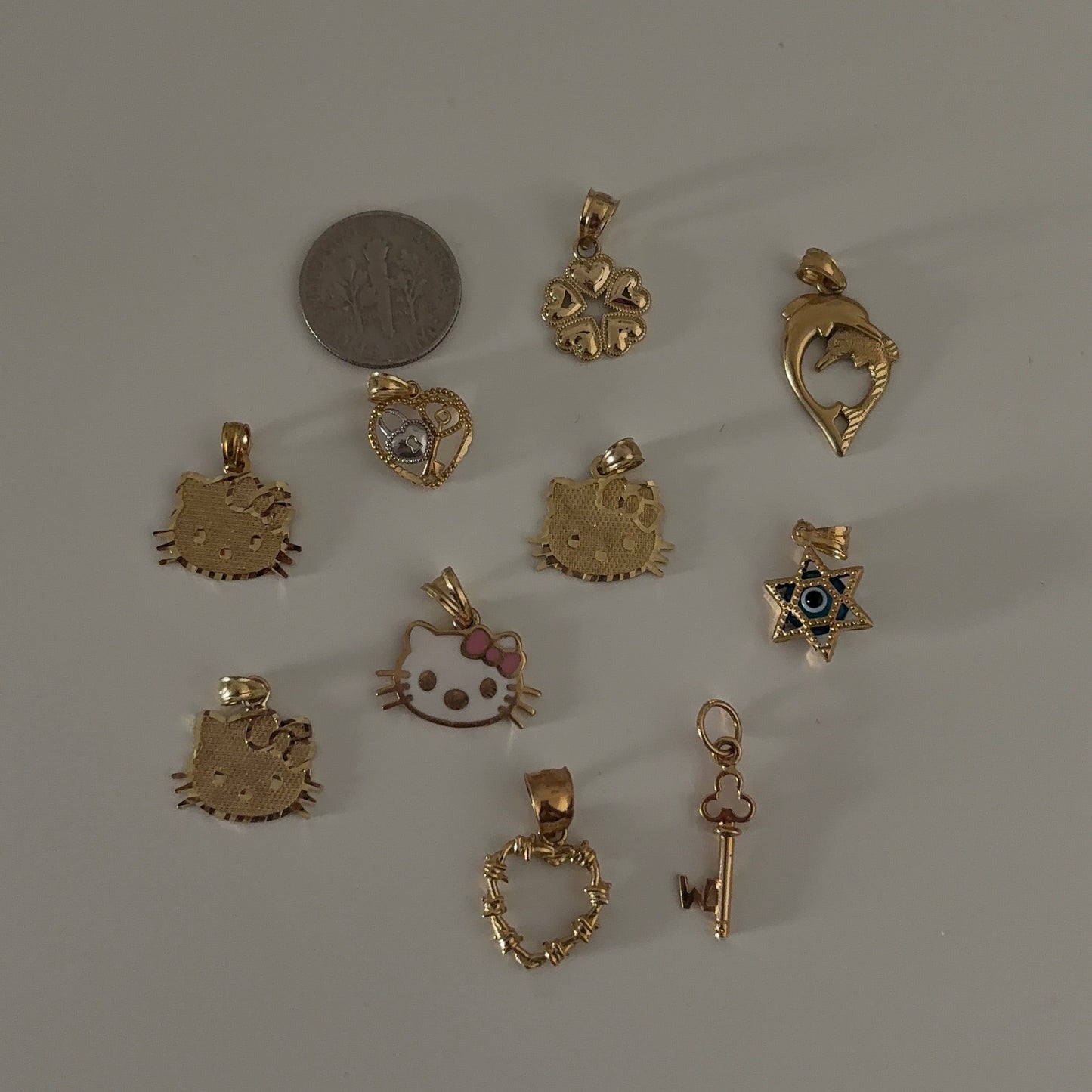 14K Gold Charms Mix — Hello Kitty, Hearts, Key, and Lucky Symbols