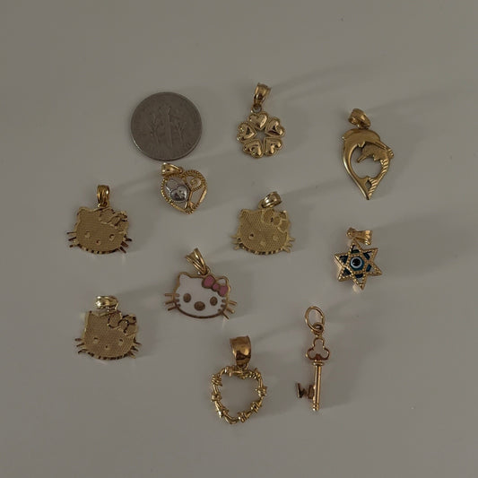 14K Gold Charms Mix — Hello Kitty, Hearts, Key, and Lucky Symbols