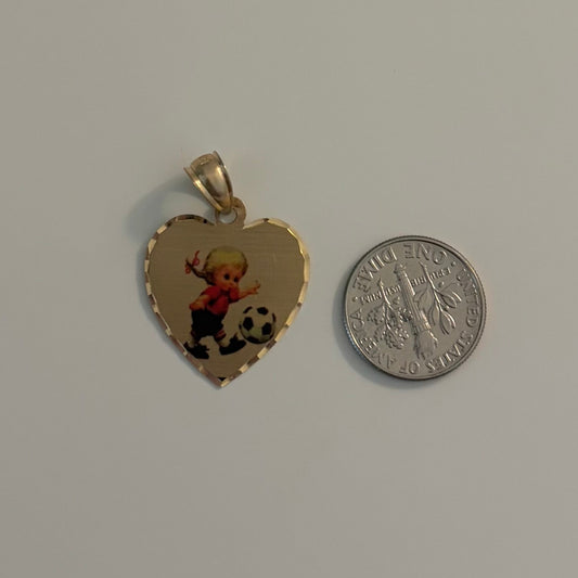 14K Gold Soccer Girl Heart Charm Pendant