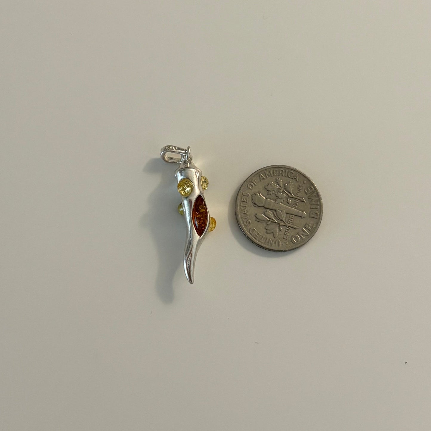 Sterling Silver Cornicello Pendant with Multicolor Amber | Italian Horn Charm | Green, Yellow & Cognac Amber