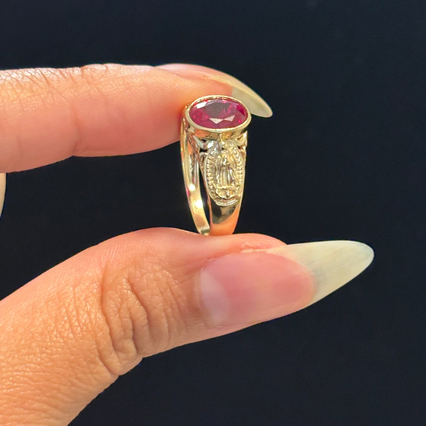 14K Gold Red CZ Virgencita Ring
