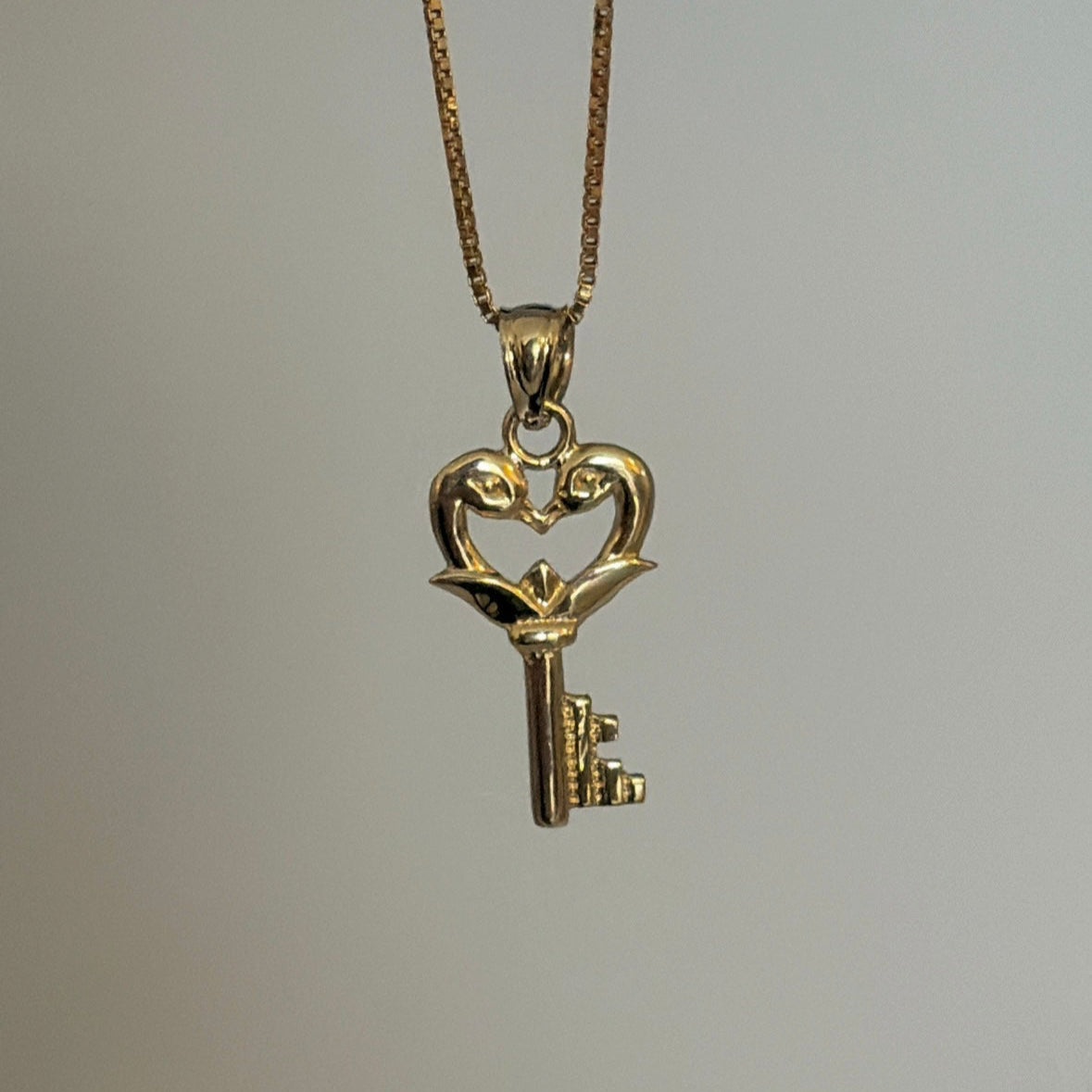 14k Gold Swan Heart Key Pendant