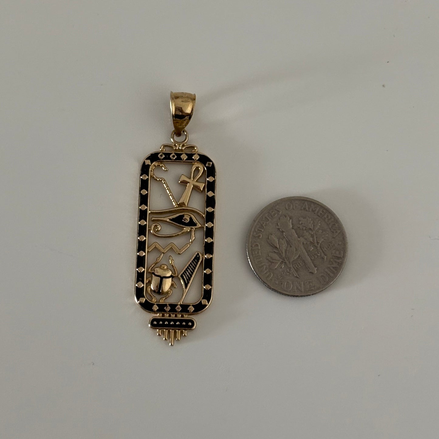 14K Gold Egyptian Cartouche Charm with Black Enamel – Eye of Horus, Ankh & Scarab