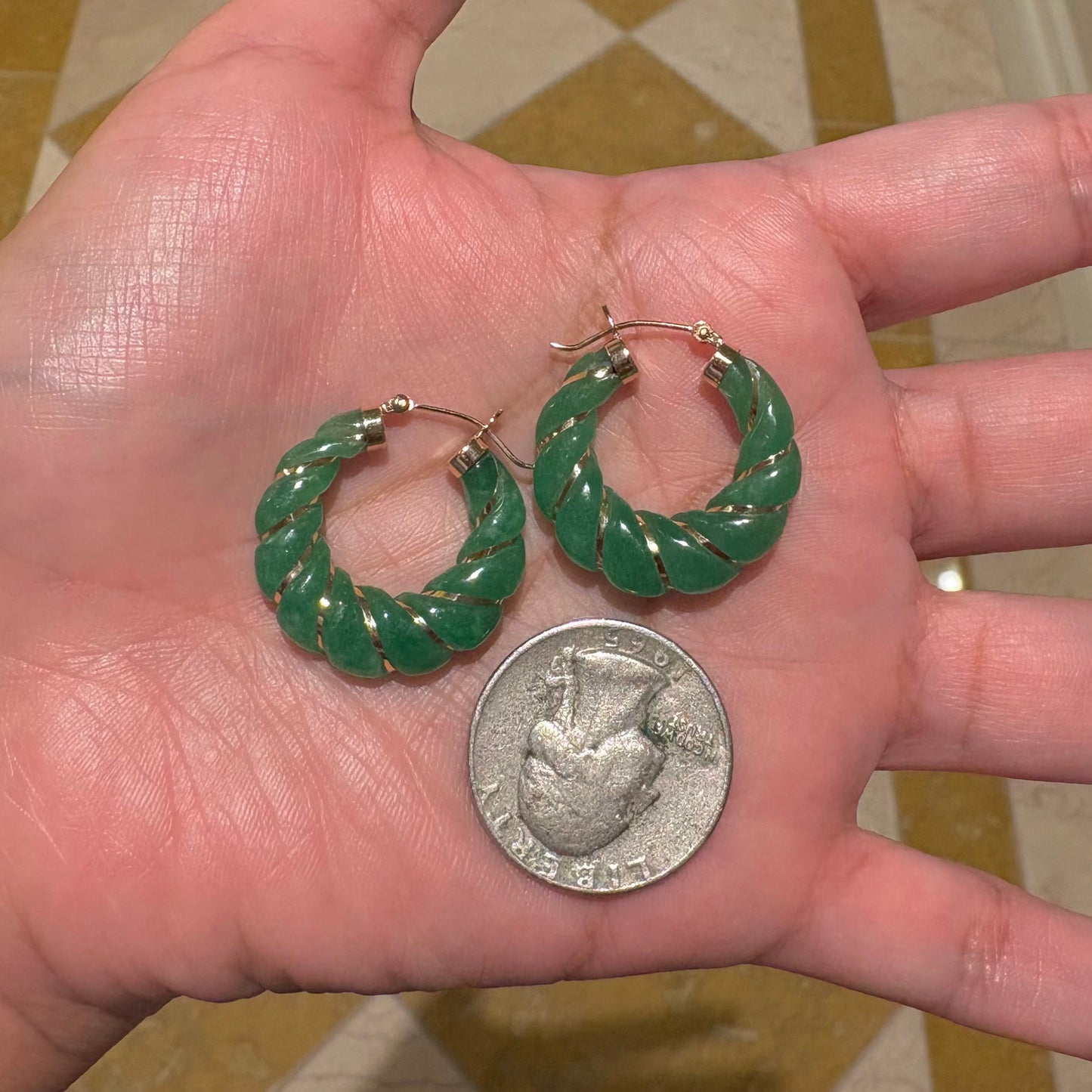 14K Gold Jade Twisted Hoop Earrings