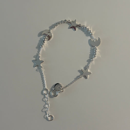 925 Sterling Silver Moon & Star Beaded Bracelet