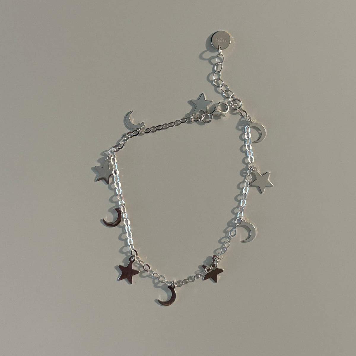 925 Sterling Silver Dangling Moon & Star Bracelet