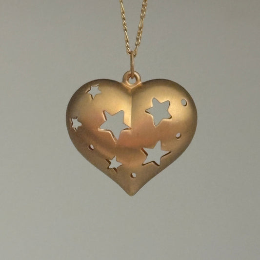Vintage 14K Yellow Gold Puffy Heart Charm with Star Cutouts