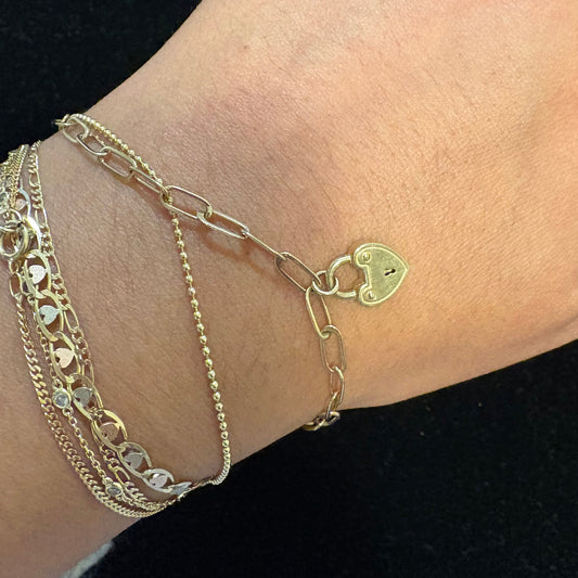 14K Yellow Gold Paperclip Bracelet with Heart Padlock Charm