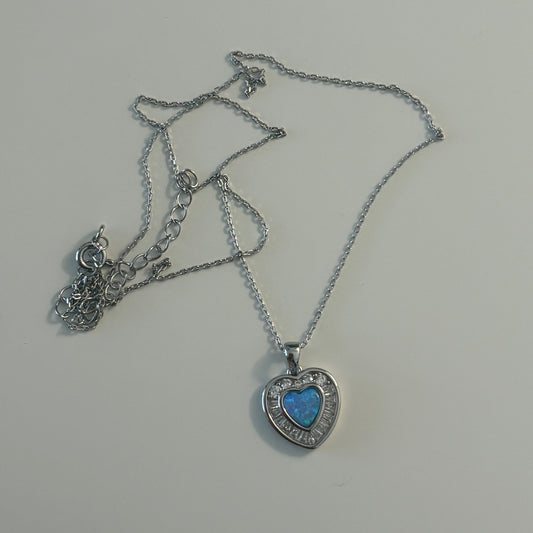 Sterling Silver Blue Opal Heart Necklace with Cubic Zirconia Halo