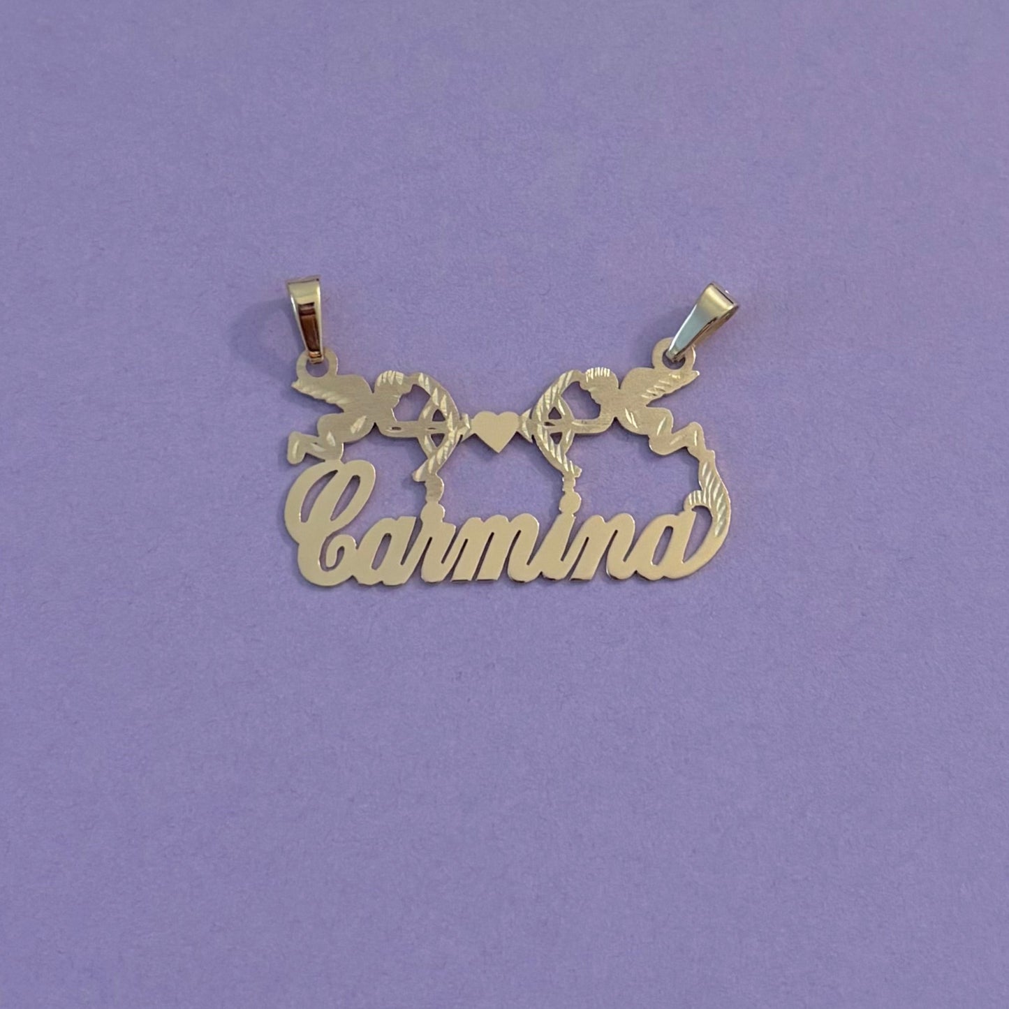 gold nameplate with angels