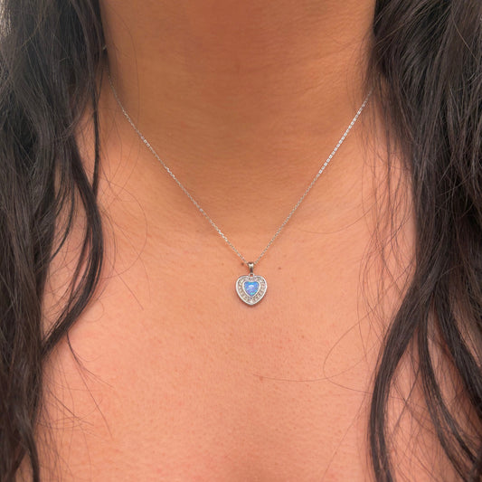 Sterling Silver Blue Opal Heart Necklace with Cubic Zirconia Halo