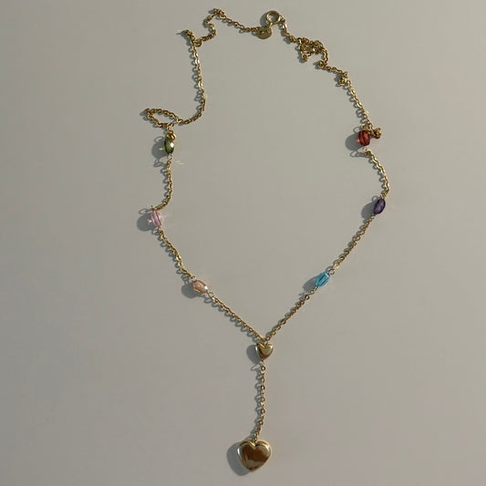 14K Yellow Gold Multicolor CZ Puffy Heart Lariat Necklace