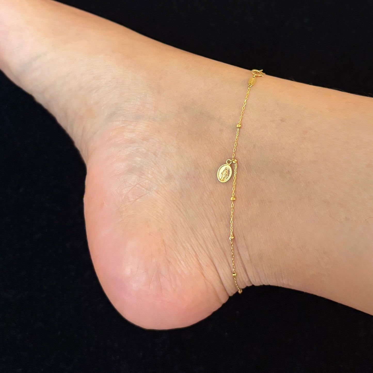 10K Gold Virgin Mary Rosary-Style Anklet – Adjustable 9–10 Inches
