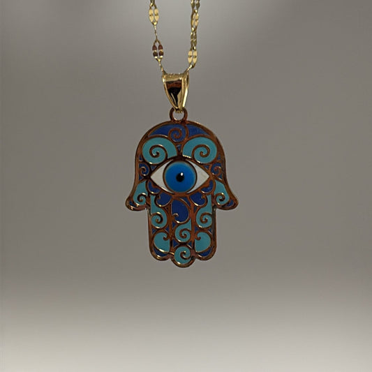 14K Gold Hamsa Charm with Evil Eye & Blue Enamel – Encapsulated Protective Amulet
