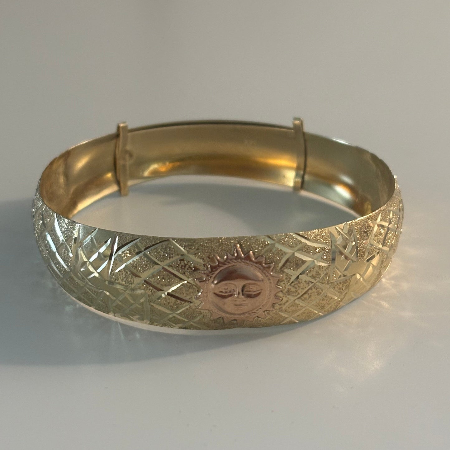 14K Two-Tone Sun Motif Adjustable Bangle Bracelet | Handmade Look