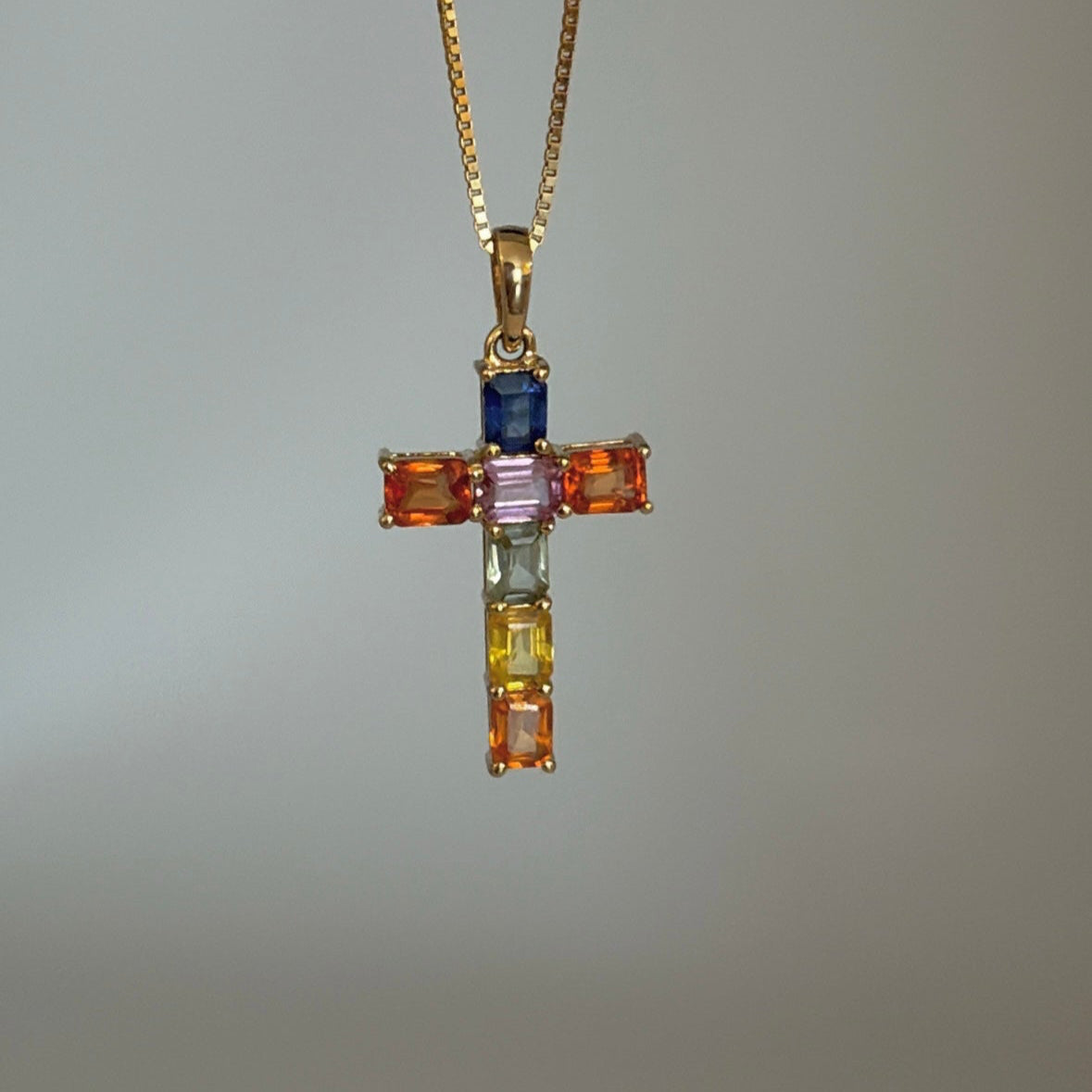 14K Gold Rainbow Sapphire Cross Pendant