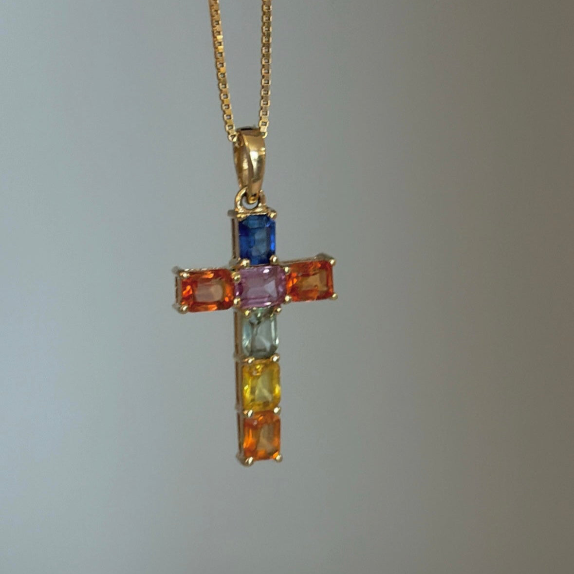 14K Gold Rainbow Sapphire Cross Pendant