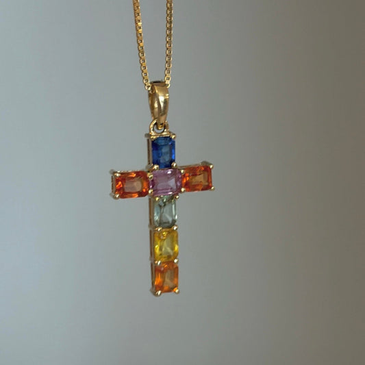 14K Gold Rainbow Sapphire Cross Pendant
