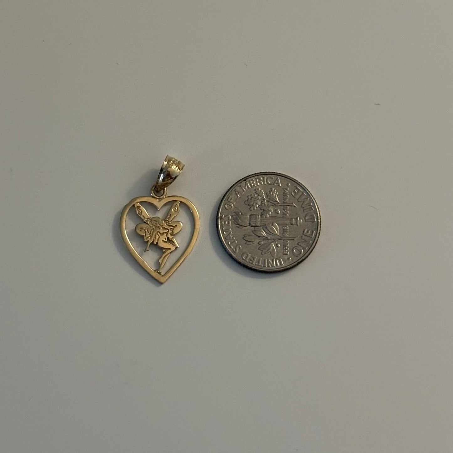 14K Solid Gold Fairy & Heart Charm Pendant