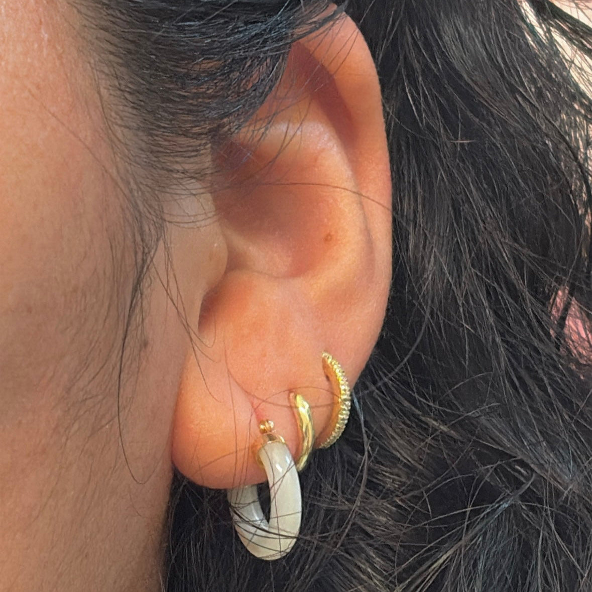 14K Gold Mini Gemstone Hoop Earrings — Jade, Tiger’s Eye, or Mother of Pearl