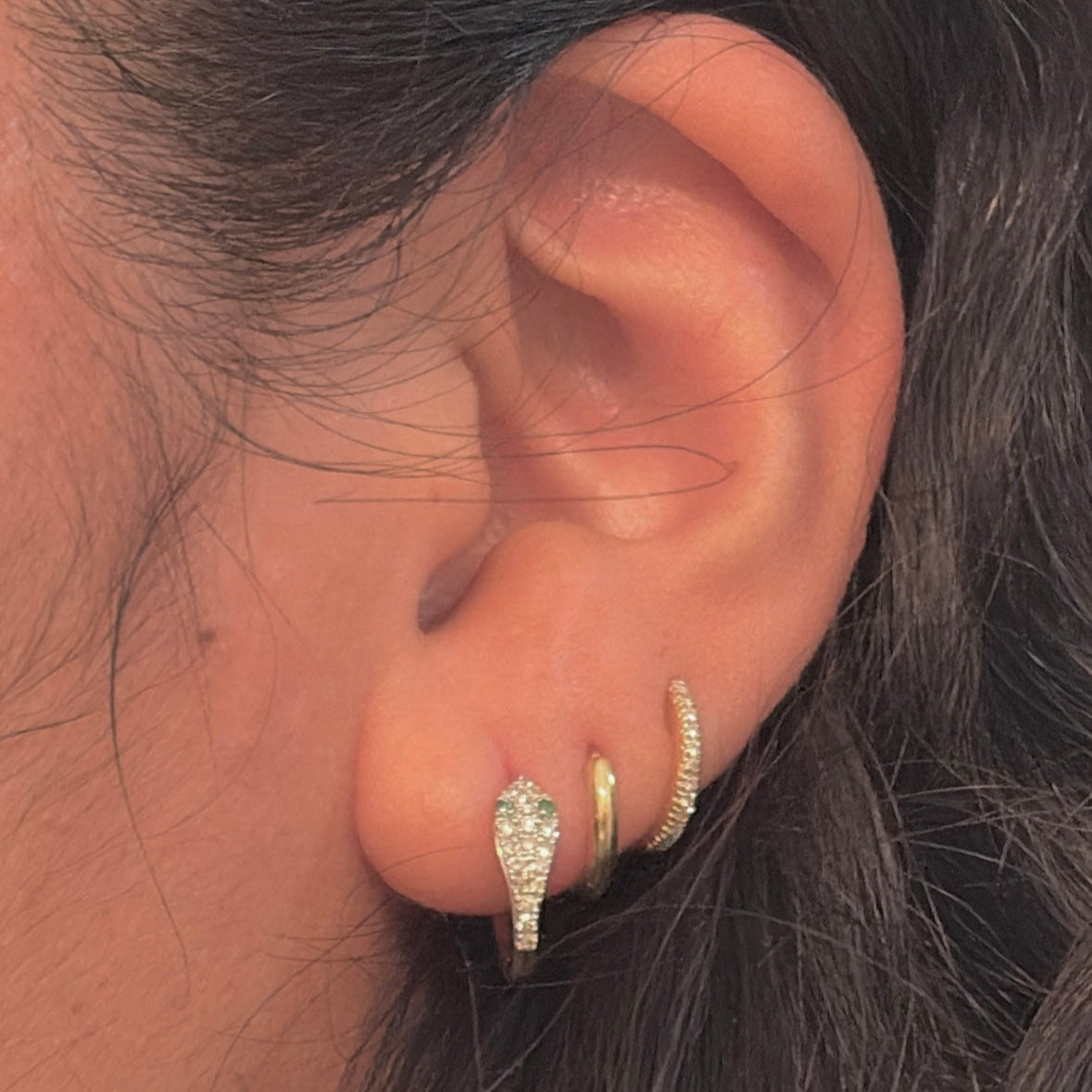 14K Gold Emerald & Diamond Snake Huggie Earrings