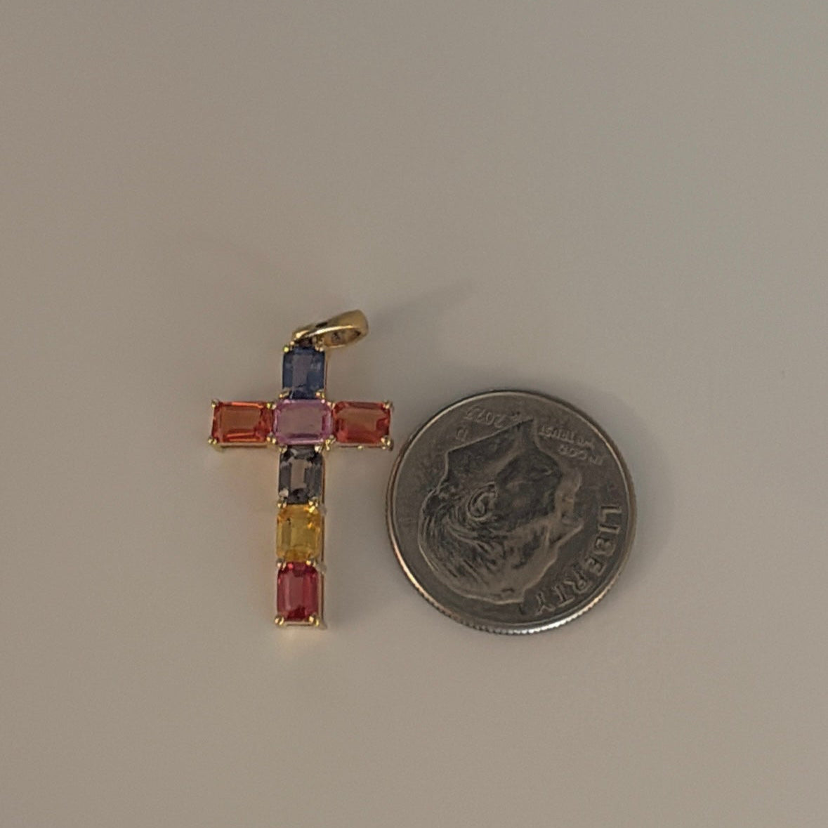 14K Gold Rainbow Sapphire Cross Pendant