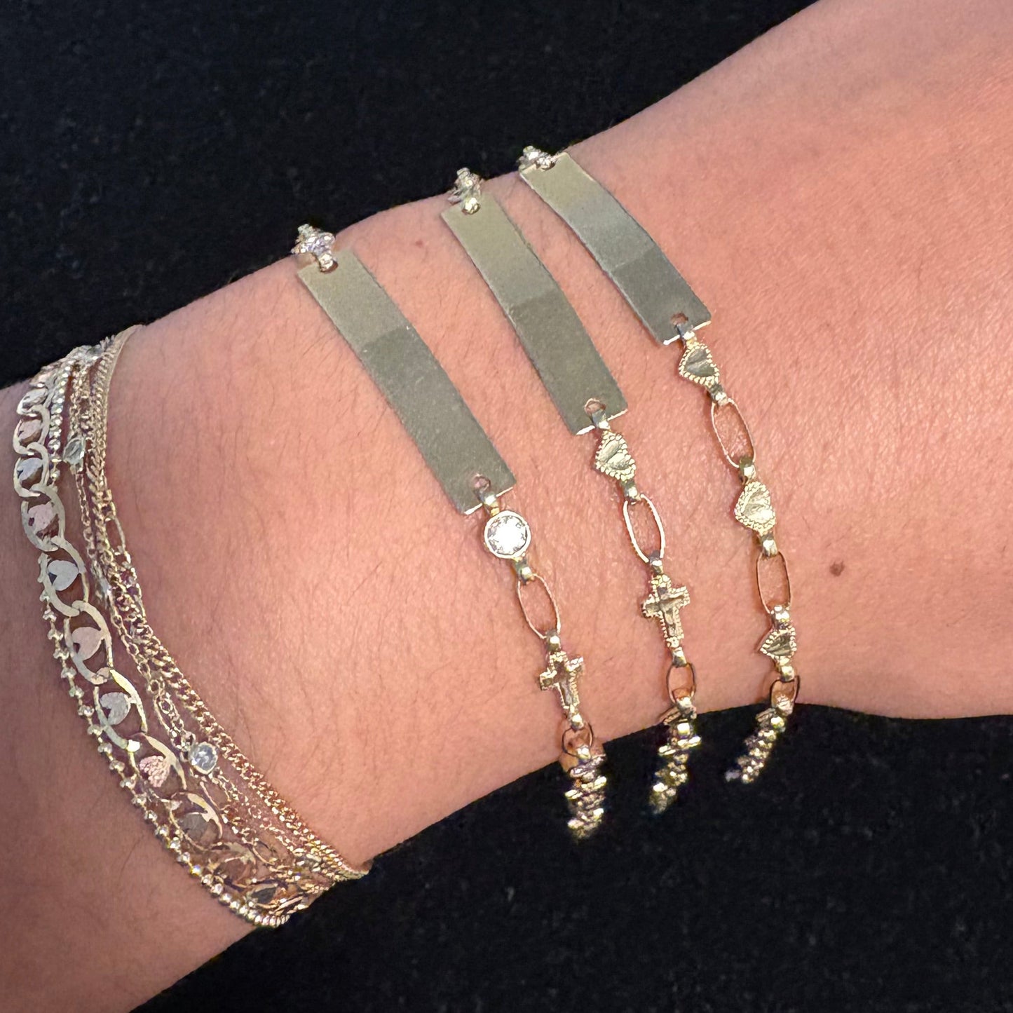 14K Gold ID Bracelets — Hearts, Cross & CZ, or Cross + Hearts (Engraving Included)