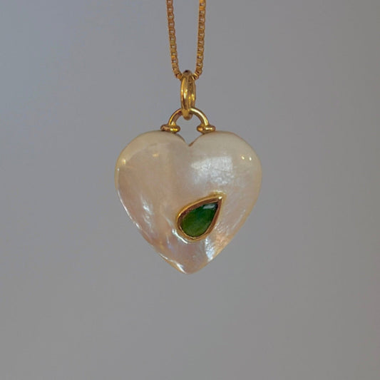 14K gold mother of pearl heart with pear emerald pendant