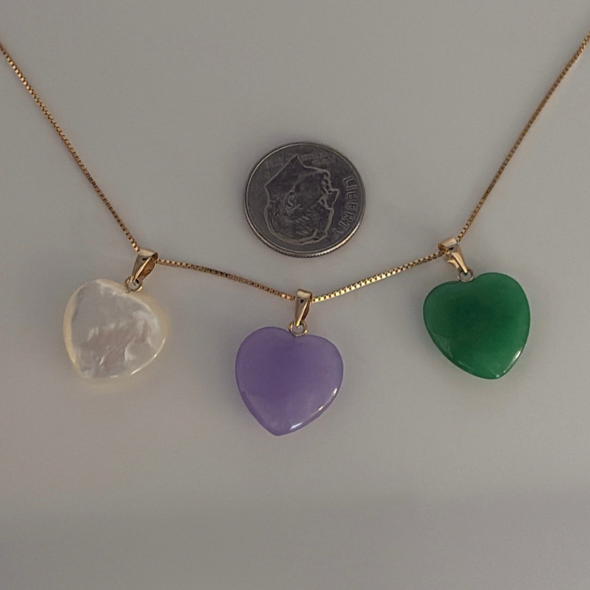 14k Gold Jade & Mother of Pearl Heart Pendants