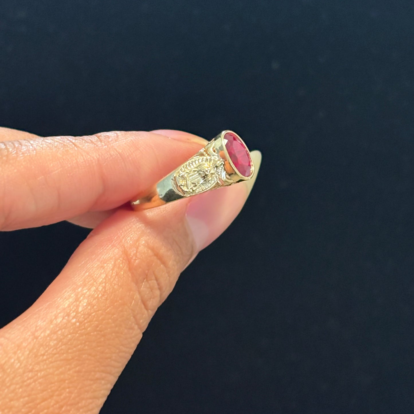 14k gold Virgencita ring with red CZ center stone