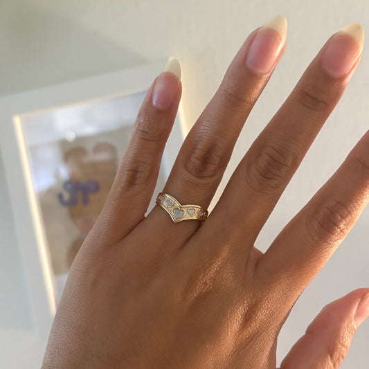 14K Yellow Gold Chevron Heart Ring with White Rhodium Hearts | Size 7.5