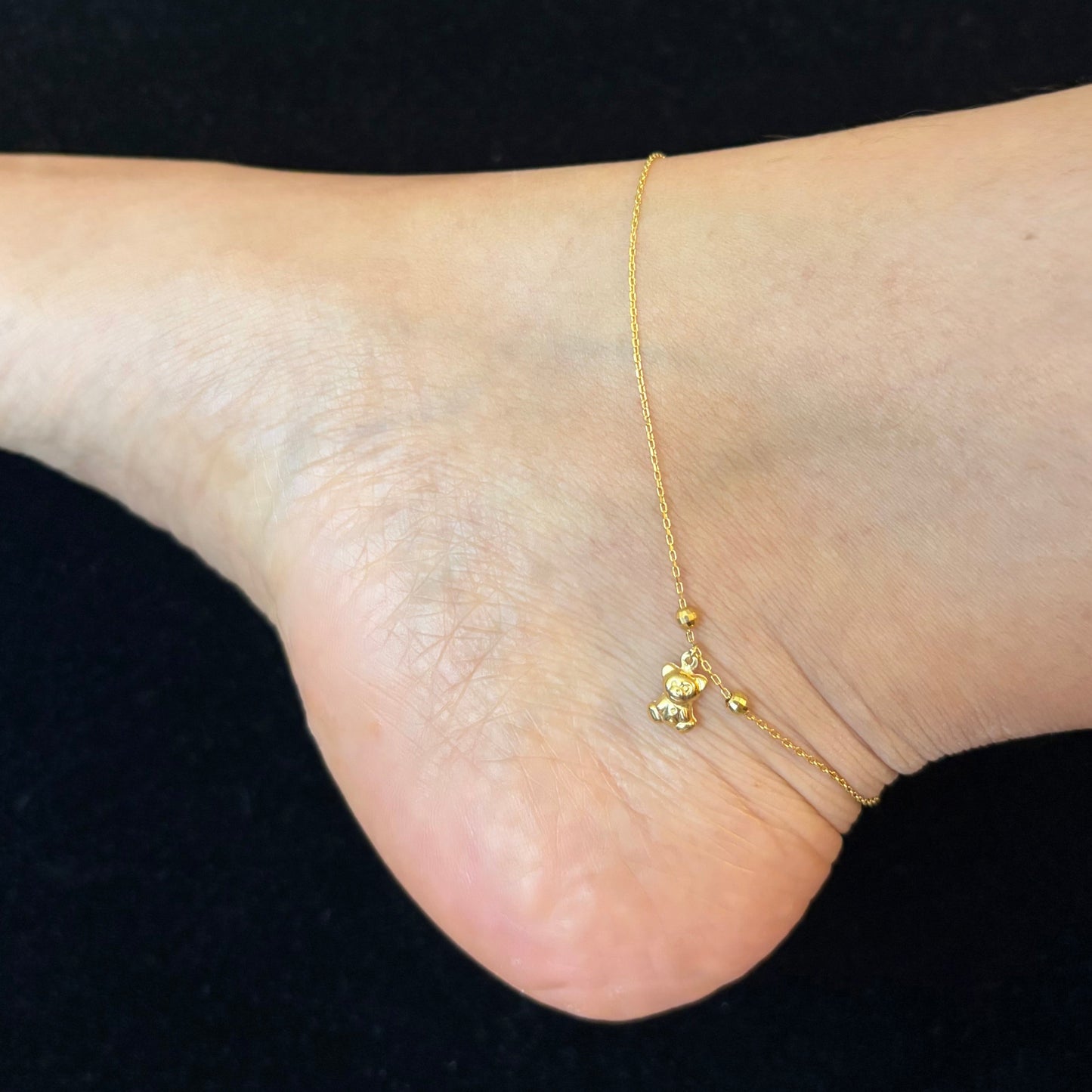 10K Gold Puffy Teddy Bear Anklet – Adjustable 9–10 Inches