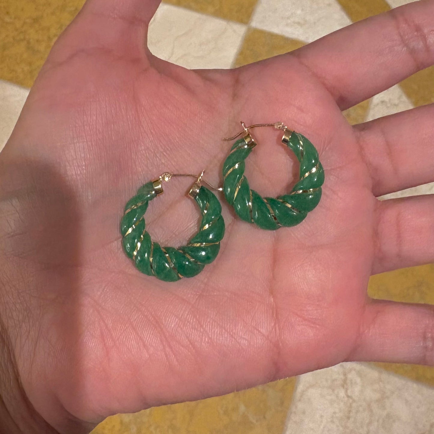 14K Gold Jade Twisted Hoop Earrings