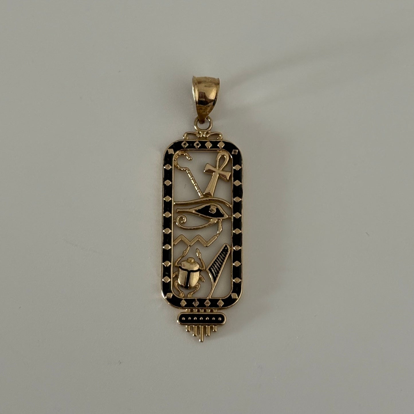 14K Gold Egyptian Cartouche Charm with Black Enamel – Eye of Horus, Ankh & Scarab