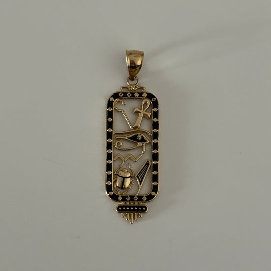 14K Gold Egyptian Cartouche Charm with Black Enamel – Eye of Horus, Ankh & Scarab