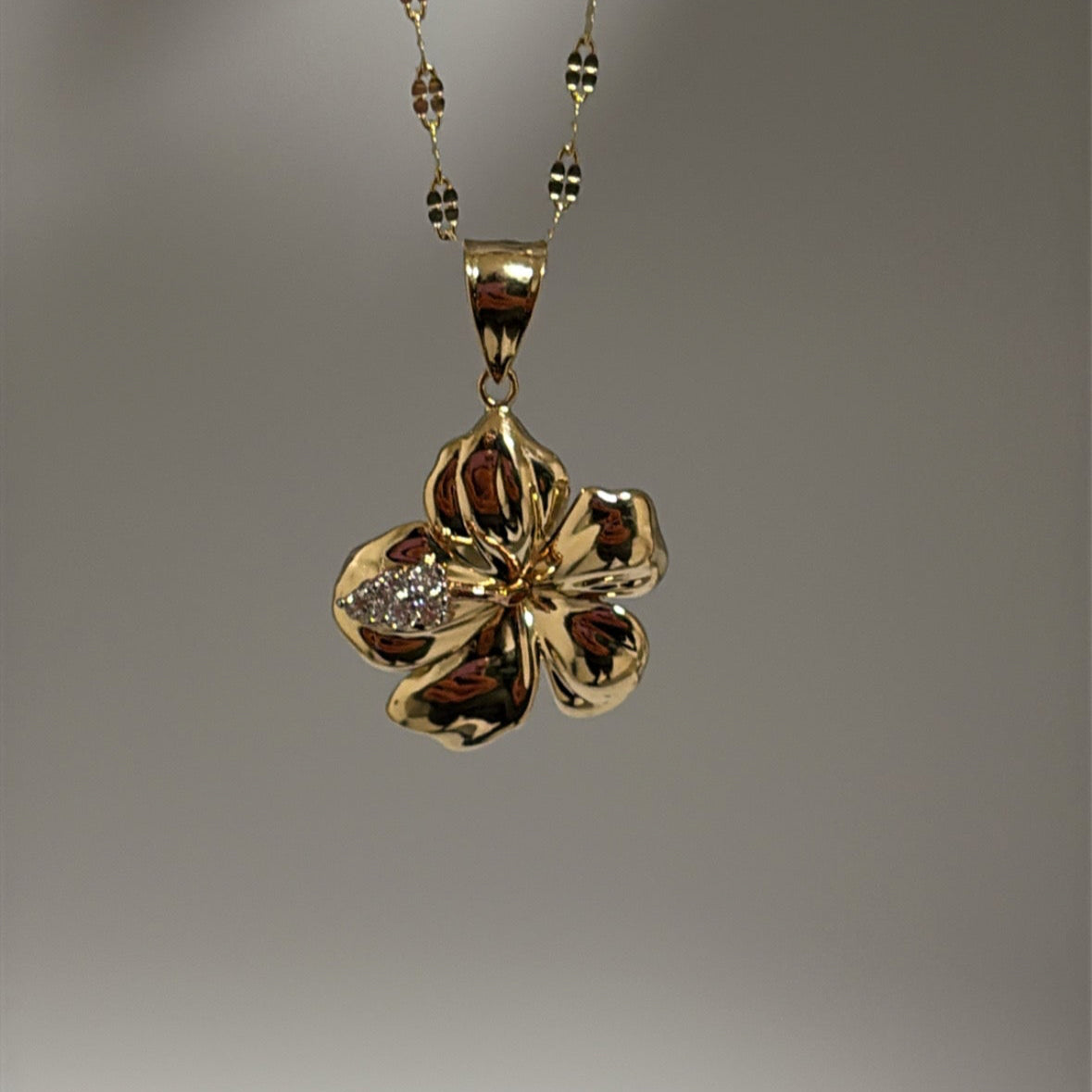 14k Solid Gold Hibiscus Flower Charm with CZ Accents