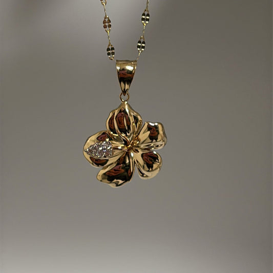 14k Solid Gold Hibiscus Flower Charm with CZ Accents