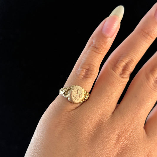 Antique 10K Yellow Gold Engraved Initial A Signet Ring