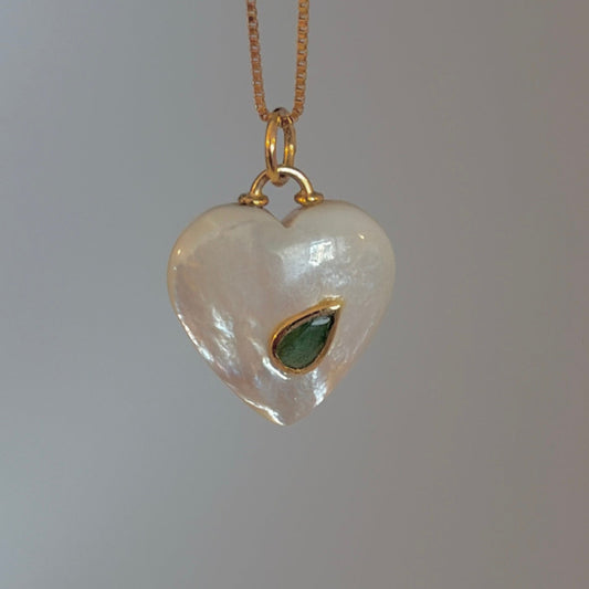 14K gold mother of pearl heart with pear emerald pendant