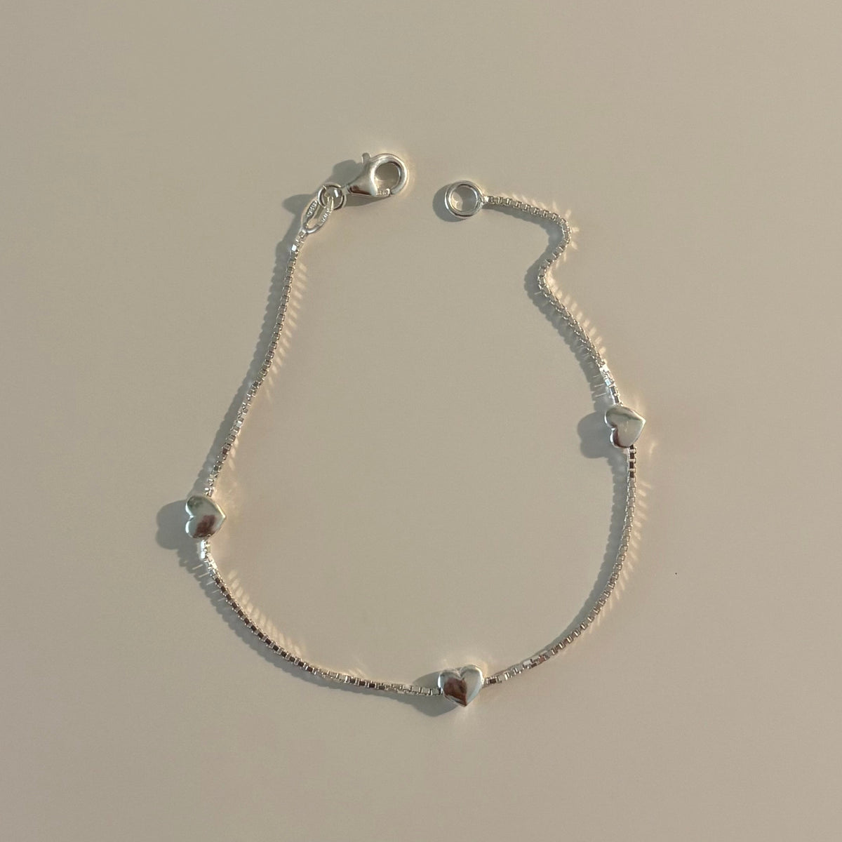 925 Sterling Silver Italian Heart Station Box Chain Bracelet