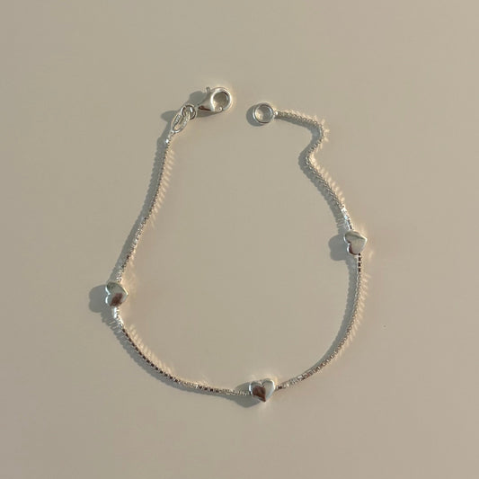 925 Sterling Silver Italian Heart Station Box Chain Bracelet
