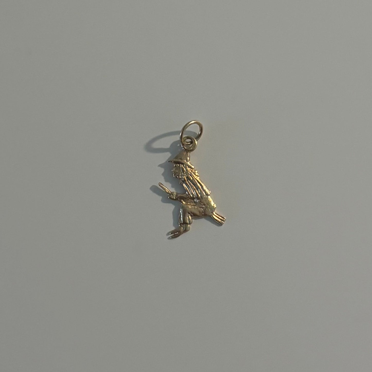 14K Solid Gold Witch on Broom Charm – Dainty Halloween Pendant