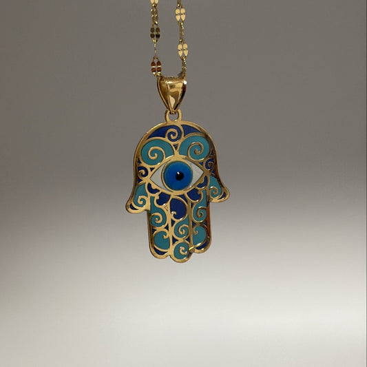 14K Gold Hamsa Charm with Evil Eye & Blue Enamel – Encapsulated Protective Amulet